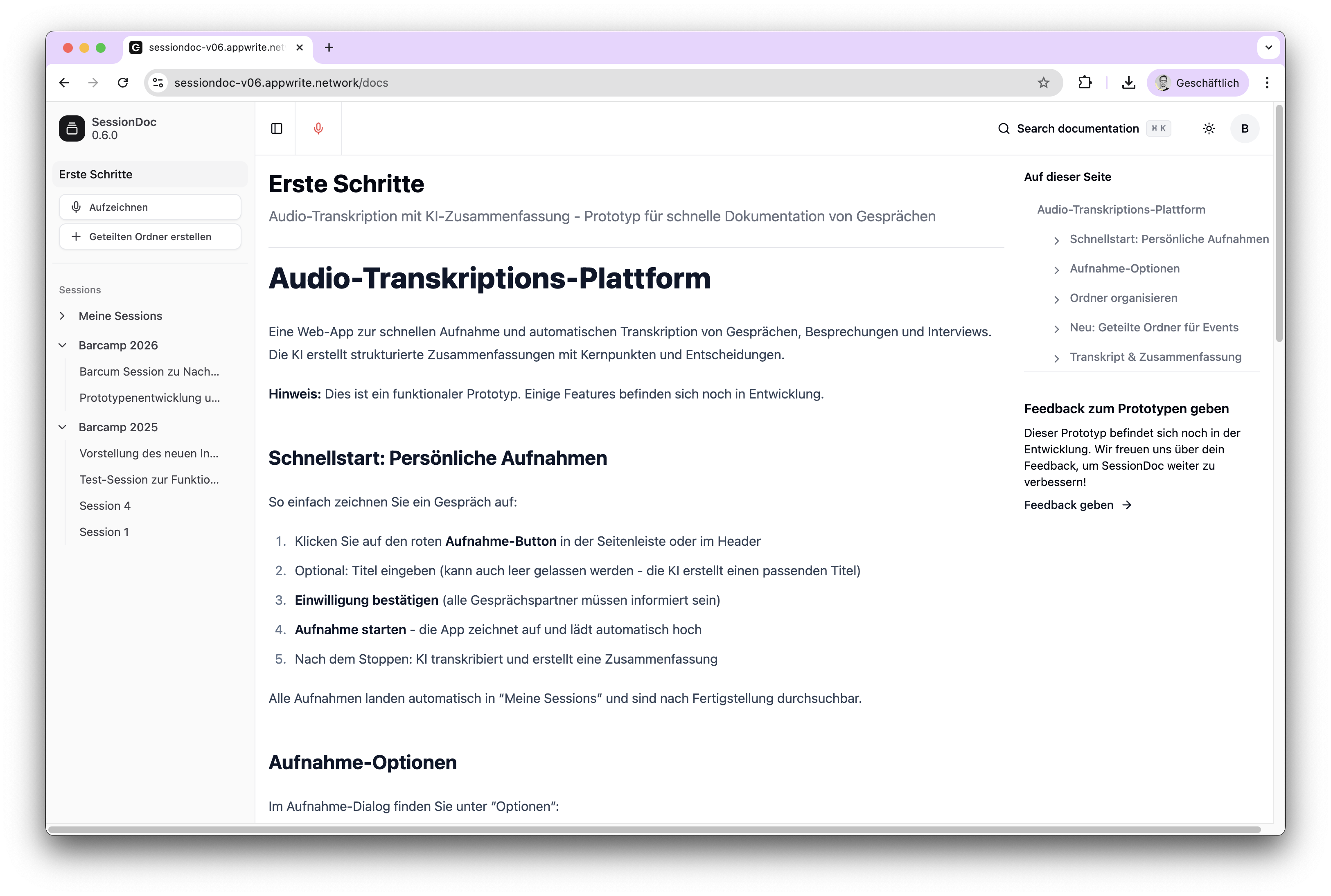 SessionDoc Desktop-Oberfläche